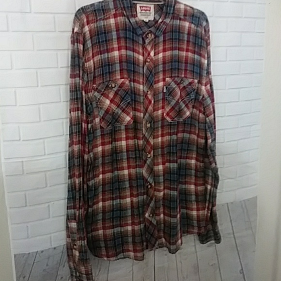 Levi's red white & blue plaid long-sleeve shirt lg - Picture 3 of 7